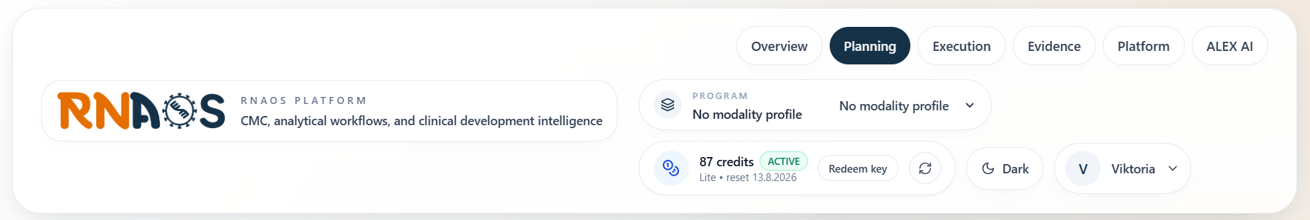RNAOS platform header with planning, execution, evidence and platform navigation